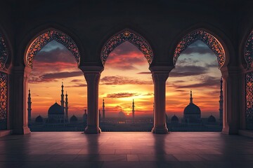 Mosque sunset islamic frame, vertical image, social media story, Ramadan or islamic concept wallpaper , ai