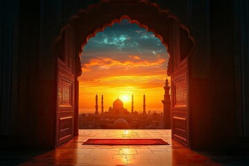 Fototapeta premium Mosque sunset islamic frame, vertical image, social media story, Ramadan or islamic concept wallpaper , ai