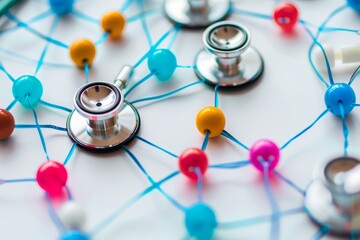 Stethoscope Connected to Colorful Pins, Showcase the intricate web of referrals and consultations between primary care physicians and specialists