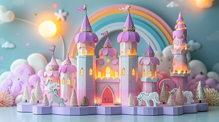 A pastel unicorn dream castle in papercraft style, featuring purple and white towers, surrounded by glittering unicorn statues and a soft, glowing pastel rainbow, bathed in a warm, magical light.