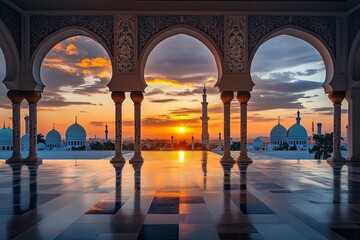 Fototapeta premium Mosque sunset islamic frame, vertical image, social media story, Ramadan or islamic concept wallpaper , ai