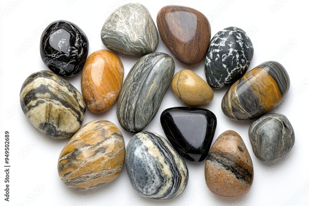 Poster a collection of various polished stones showcasing different colors and patterns.