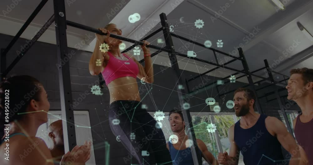 Poster network of connections and data processing animation over people exercising in gym