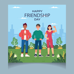 Happy friendship day illustration with diverse friend group of  people hugging together for special event celebration.
