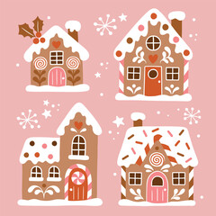 Set of hand drawn gingerbread houses and snowflakes. Snowy winter village icons.  Perfect for sticker or nursery print design.
