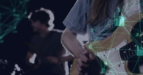 Playing musical instruments, musicians with financial data animation over them - Powered by Adobe