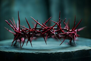 Fototapeta premium The inversion of the crown of thorns and the crown, which symbolizes Jesus' suffering and trials, symbolizes the death of the Savior and the resurrected King, background for Passion Week , ai