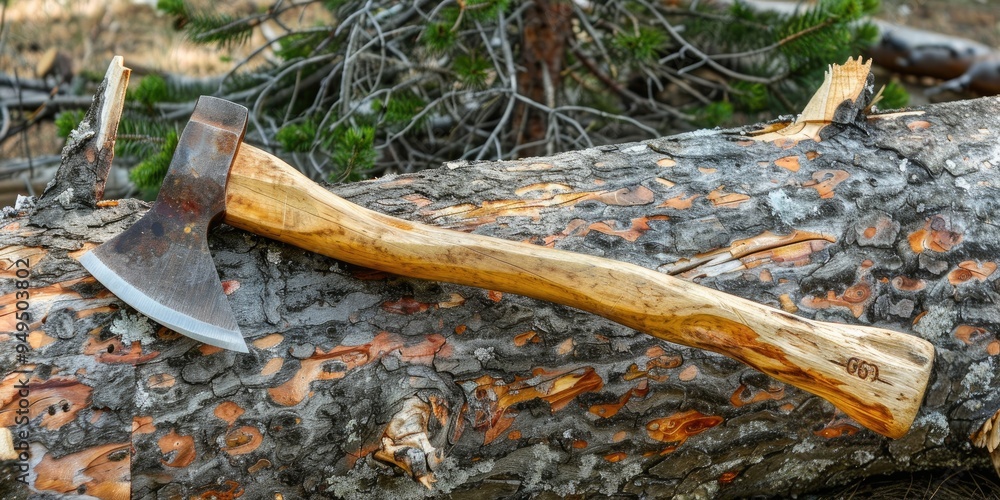 Aufkleber metal axe with a timber handle embedded in a coniferous log