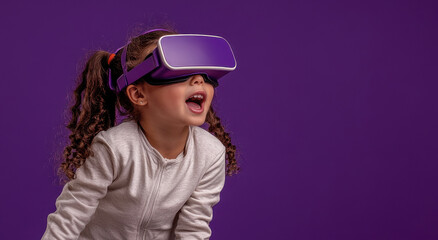 Happy girl wearing virtual reality headset sitting in purple tone classroom. Innovative technology and school education unity concept