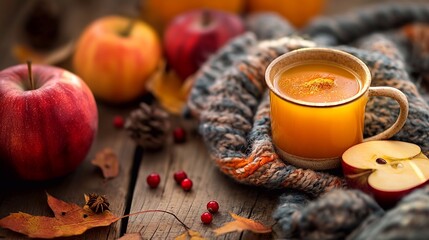 Fototapeta premium Steaming mug of hot apple cider on a rustic table surrounded by autumn leaves, ripe apples, and a cozy scarf