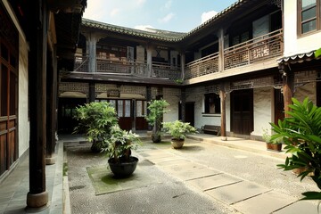 Naklejka premium A courtyard featuring potted plants in the center, Showcase the use of feng shui principles in the design of Chinese buildings