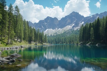 Fototapeta premium Lake Between Forests And Mountains , ai