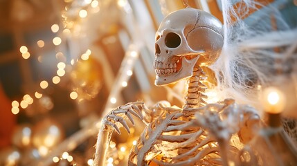 A detailed shot of a creepy skeleton decoration in a haunted house, with cobwebs and dim lighting adding to the eerie atmosphere