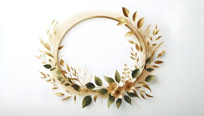 Luxurious botanical gold wedding frame elements on white background include circle shapes, glitters, eucalyptus leaves, and leaf branches. Suitable for weddings, cards, invitations, and greetings