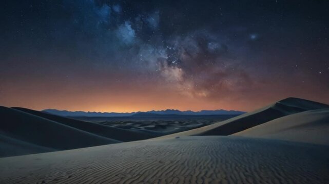 Create a mesmerizing double exposure image that combines a desert landscape with the predawn sky filled with visible stars. The base of the image should depict soft, rolling sand dunes under the faint