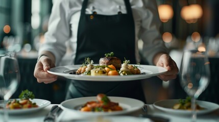 Elegant waiter presenting luxurious dishes in a sophisticated fine dining environment