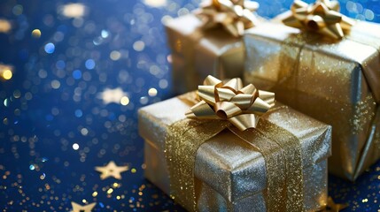 Classy gifts wrapped in gold on a sapphire blue background, highlighted by shimmering stars.