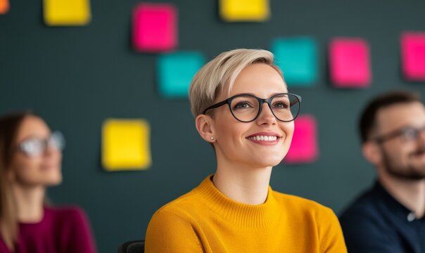 confident female leader inspiring team at business workshop empowering collaboration and innovation.