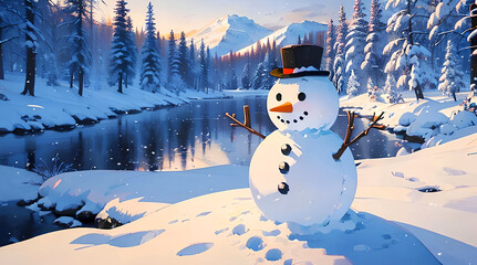 Obraz premium Snowman in winter view for desktop wallpaper