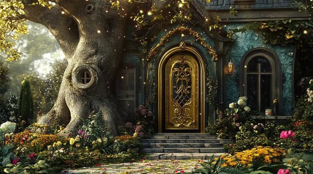 Enchanted fantasy wizard house with glowing lanterns and magical details in a forest setting
seamless looping 4k time-lapse virtual video animation background. generated ai