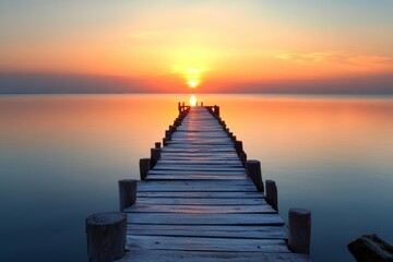 Obraz premium A serene sunset over a calm lake pier. The sky is painted with warm colors as the sun descends. Perfect for relaxation and inspiration. Generative AI