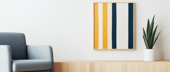 minimalist living room interior design with modern abstract artwork, neutral tones, and stylish furniture.