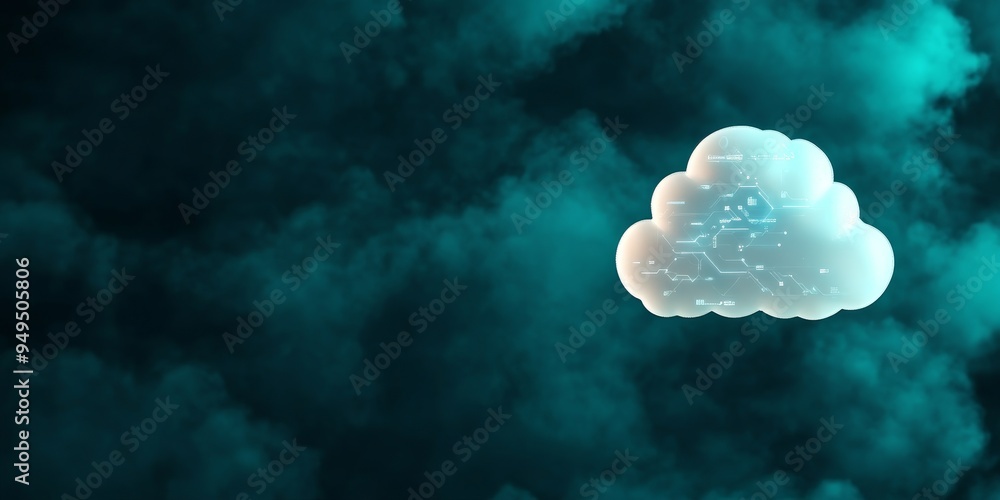 Poster cloud computing concept - abstract digital technology network in a stormy sky with glowing white clo