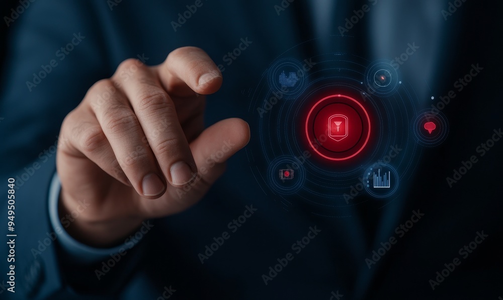 Poster cybersecurity protection and data security concept with businessman touching a shield icon on a futu
