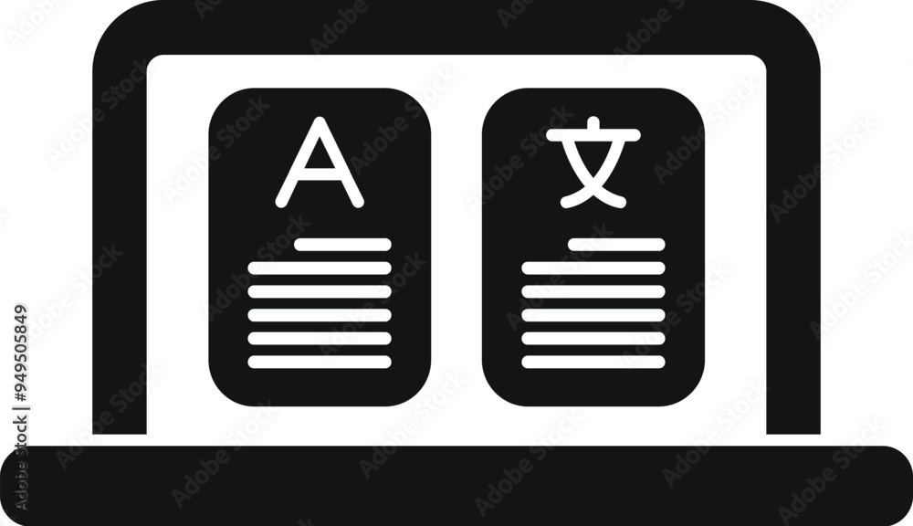 Poster black icon of a laptop displaying two documents with different alphabets, symbolizing online transla