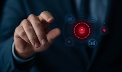 cybersecurity protection and data security concept with businessman touching a shield icon on a futuristic interface