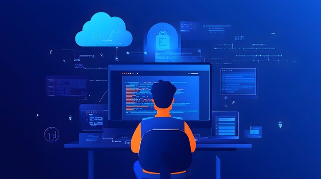 Full-stack developer working on cloud integration, coding in the background, modern software development process