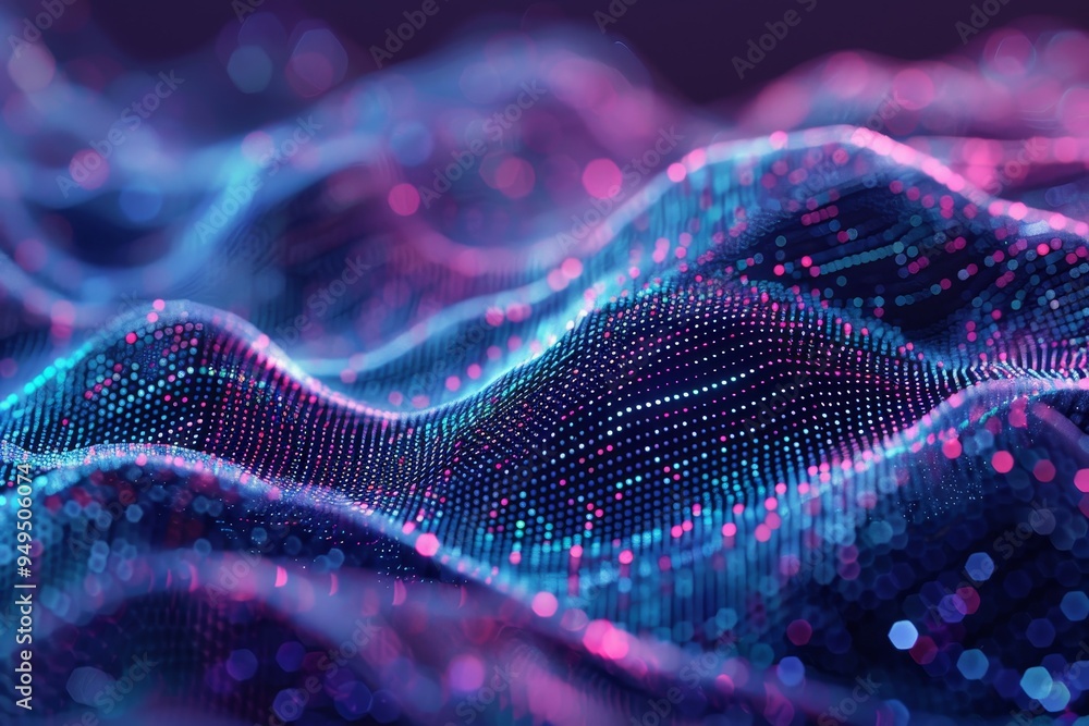 Poster computer-generated depiction of a dynamic wave with fluid motion and vibrant colors, showcasing the 
