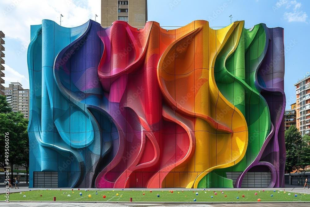 Poster a colorful building with a rainbow design on it