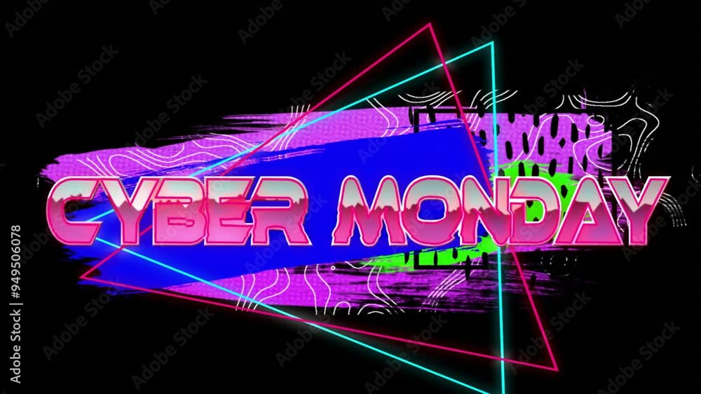 Aufkleber cyber monday text animation over neon geometric shapes and abstract background