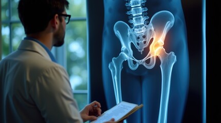 Doctor examining hip replacement complications on medical image