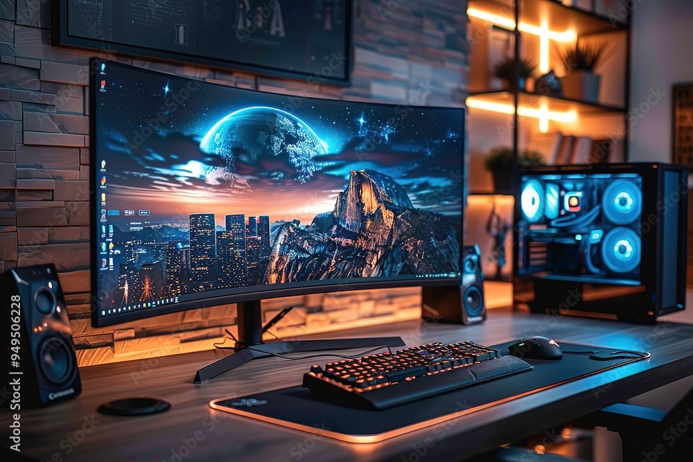Poster a computer monitor with a large screen and a mountain in the background