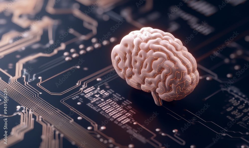 Poster artificial intelligence brain on circuit board - digital transformation, future of technology, ai in