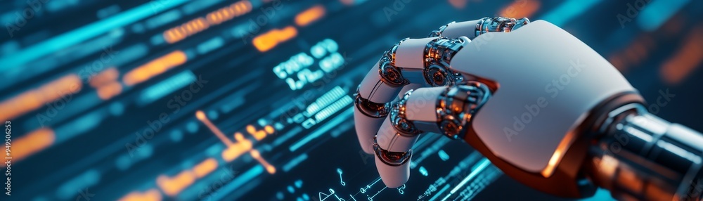 Poster ai robotic hand interacting with data visualization - futuristic technology concept.