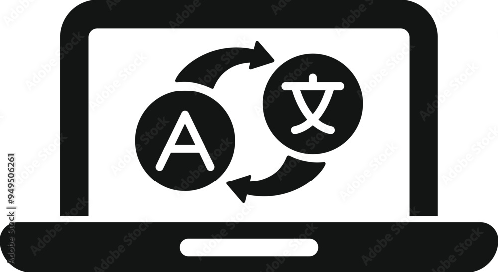 Poster laptop displaying language translation process, converting text between different languages