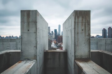 Obraz premium Concrete structures lead to a modern city skyline. This urban scene captures the blend of architecture and nature. Perfect for city or architecture themes. Generative AI