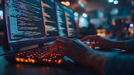 Hands typing on a mechanical keyboard with multiple code windows open, software development process