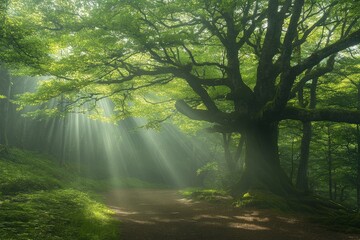 Fototapeta premium Sunbeams Illuminating a Misty Forest Path