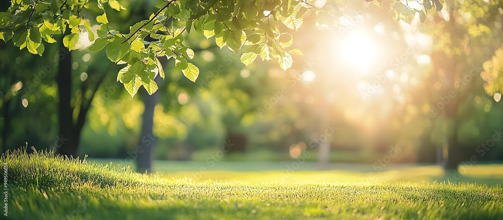 Poster sunlight filters through the trees in a blurred green park setting ideal for summer or spring backgr
