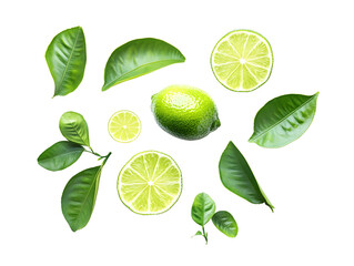 Fresh green limes with a half slice and green leaves, perfect for summer dishes and refreshing citrus flavors..