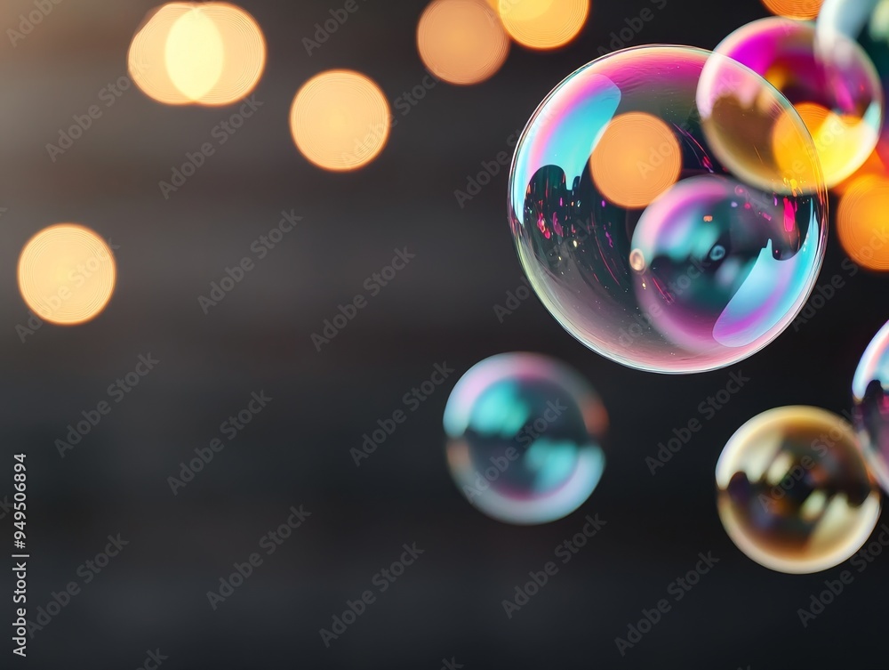 Poster colorful soap bubbles floating against bokeh lights on dark background - abstract concept for joy, c