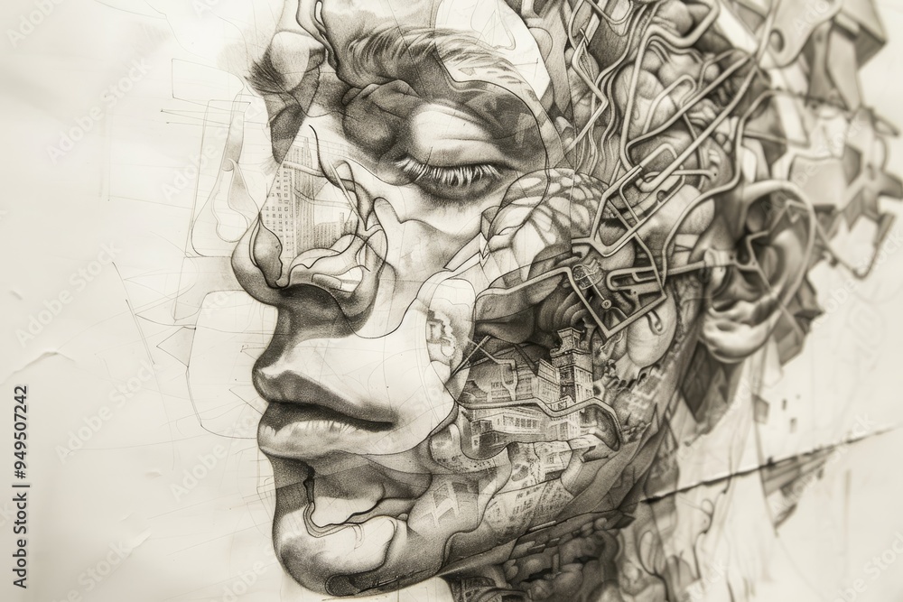 Poster detailed drawing capturing a womans face with numerous intricate lines showcasing depth and complexi