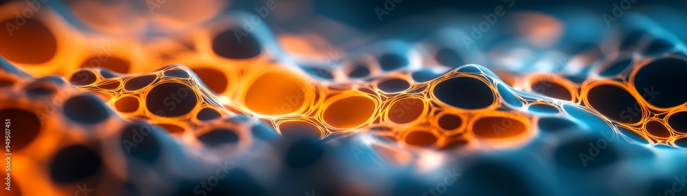 Poster abstract orange and blue cellular structure - microscopic view of interconnected cells with glowing 