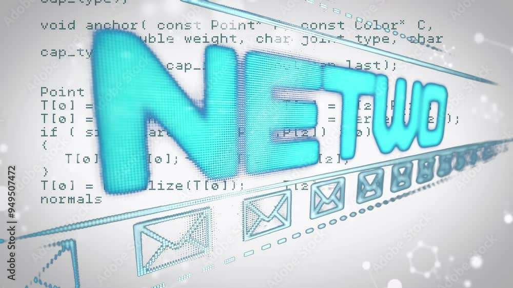 Poster network text animation over email icons and programming code