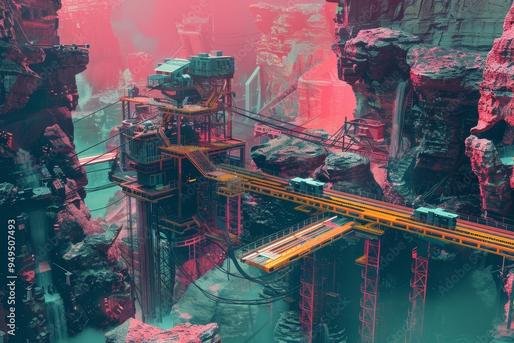 Poster computer-generated depiction of a train moving across a bridge in an industrial setting, showcasing 