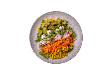 Fresh juicy salad with meat, mozzarella, carrots, lettuce, corn